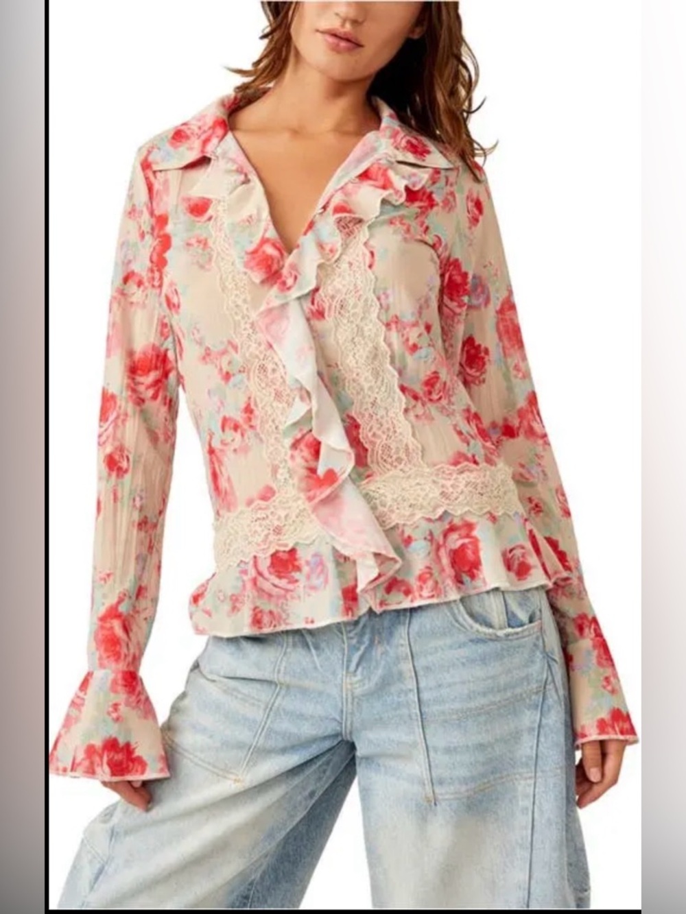 Free People Cream Ruffle Lace Floral Blouse with Pink Rose Print